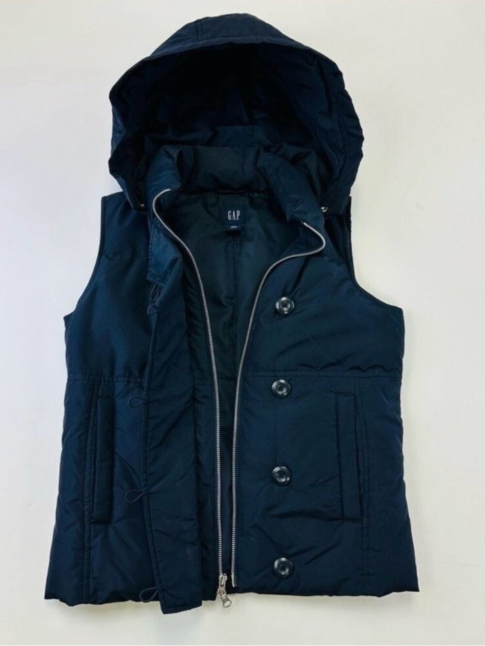 Gap navy down hooded vest Small navy zip & button front Quilted puffer womens